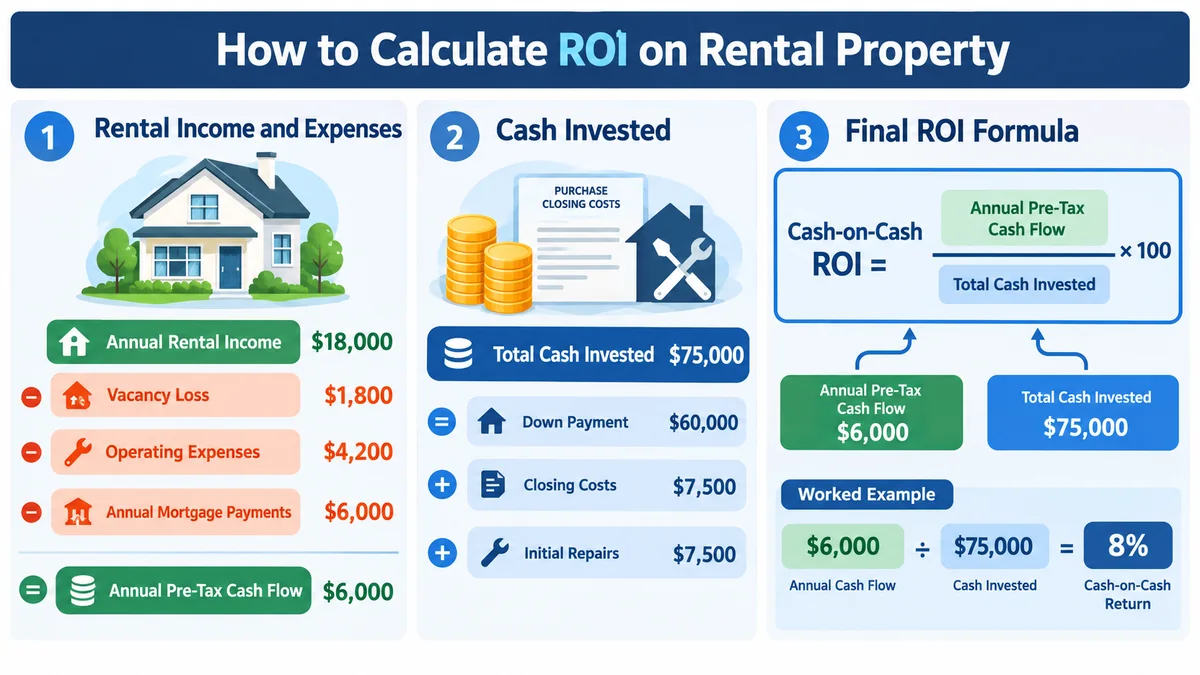 Cash-on-cash rental property ROI formula using annual cash flow and total cash invested